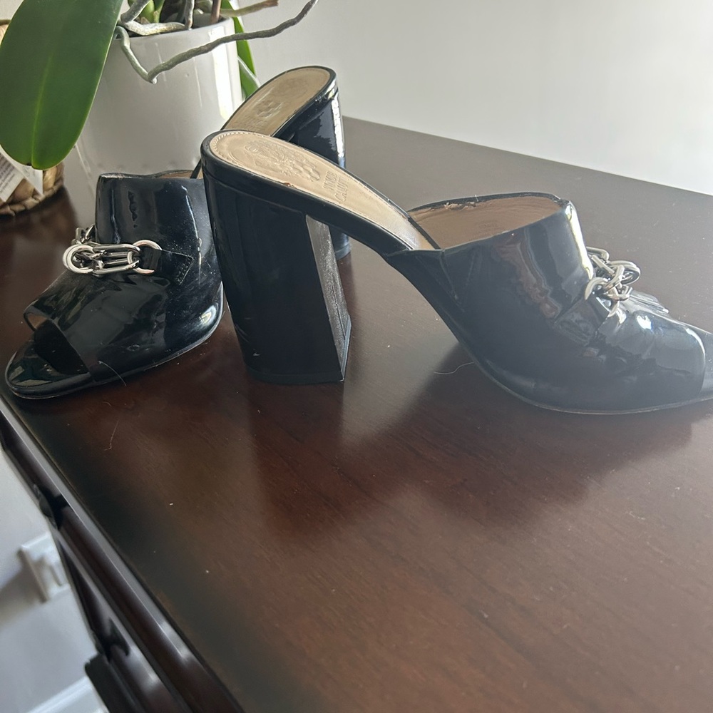 Vince Camuto Black Patent Leather Mules with Chain Detail